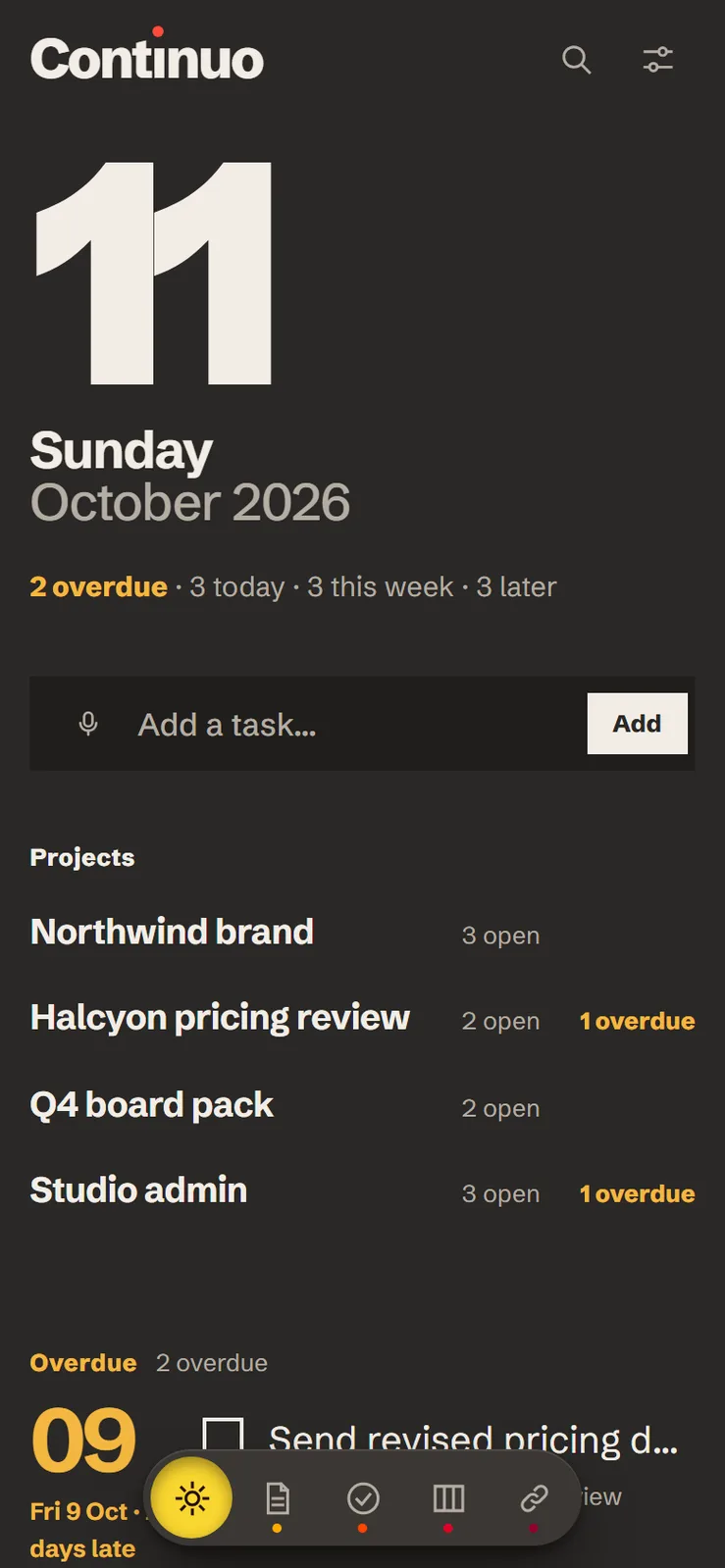 Continuo installed on a phone, showing the day's tasks